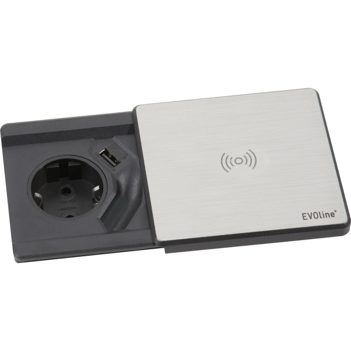 Zásuvka zabudovaná - EVO-Line Square 80 - 230 V + USB + QI, oceľ